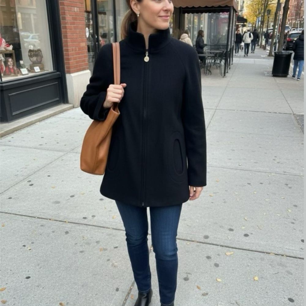 Betsey Johnson Black Wool Blend Swing Coat Jacket | Floral Rose Lining High Neck
